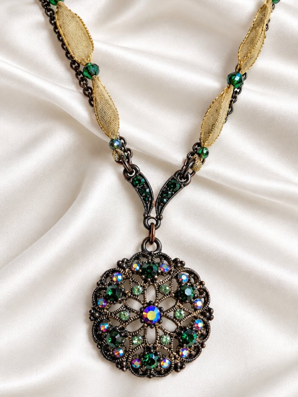 Vintage Filigree-style Pendant Necklace w/Multi-colored Crystal Rhinestones - Picture 1 of 16